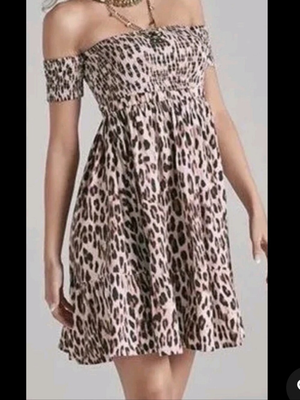 Venus Sand Dune Off-the-Shoulder Leopard Print Mini Dress - Taupe & Black Size M